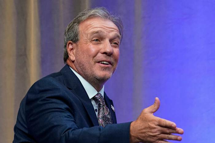 Texas A&M head coach Jimbo Fisher shown on the stage during SEC Media Days at the College Football Hall of Fame.